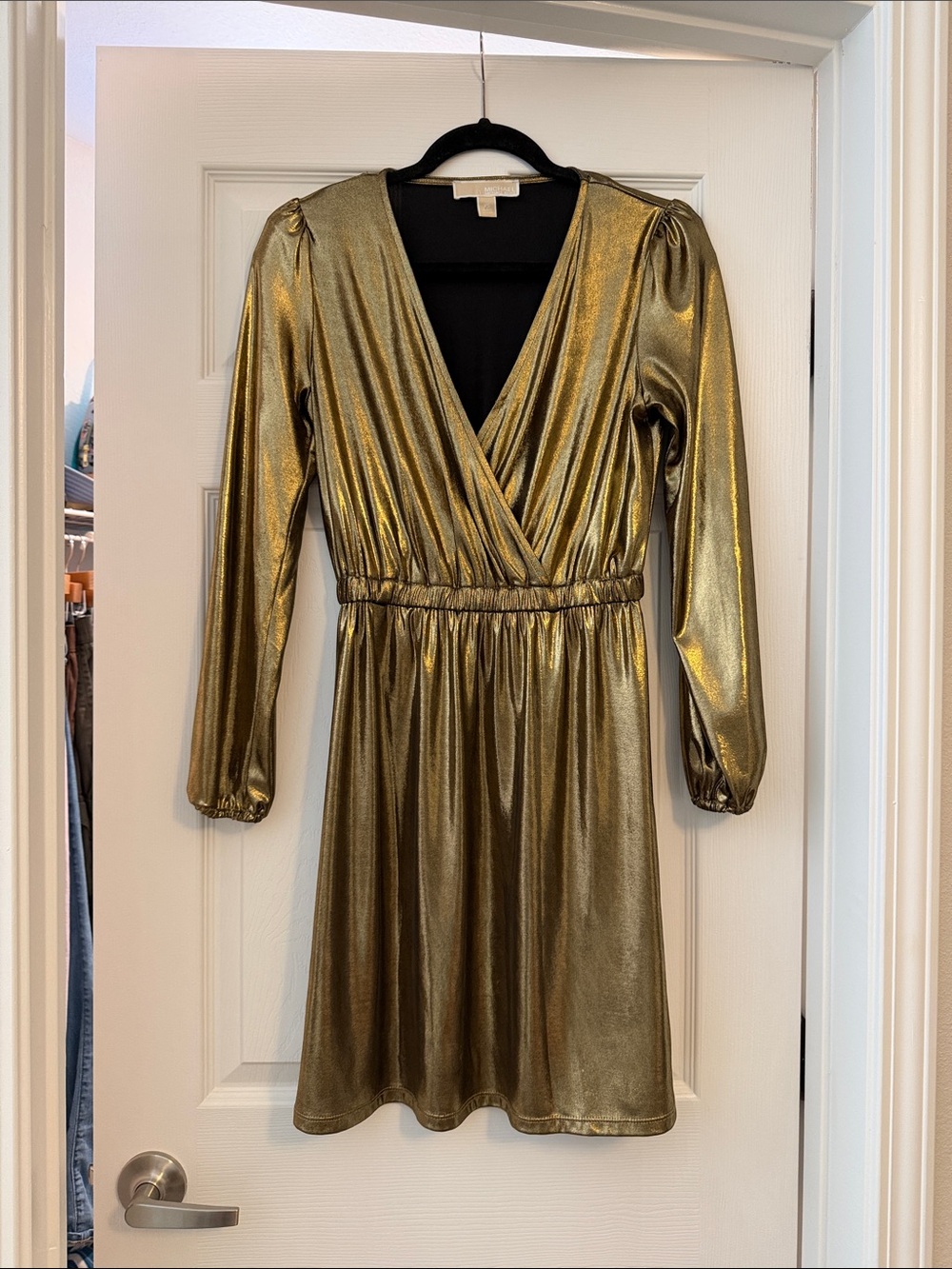 Michael Kors Antique Golden Longsleeve V Neck Cinched Waist Midi Dress